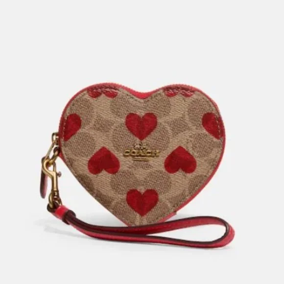 Coach Heart Coin Case In Signature Canvas With Red Print Love Purse Wristlet Bag - Picture 1 of 10
